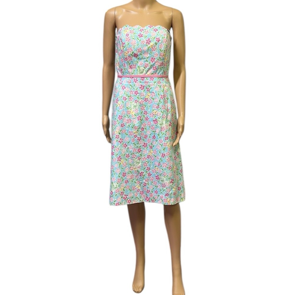 Lilly Pulitzer Strapless Wave Blue Floral Butterfly Tiger Scalloped Trim Dress 6